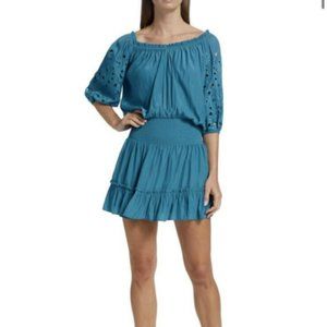 Ramy Brook Yao Sz S Yao Eyelet-Sleeve Mini Dress Blue Tile